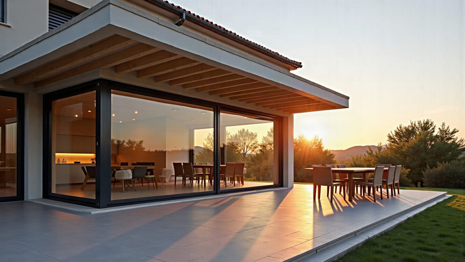 Grande baie vitrée en aluminium ouverte sur la terrasse d'une villa contemporaine à Montpellier, au coucher du soleil