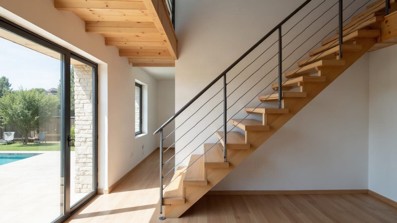 Escalier intérieur contemporain en chêne clair avec garde-corps en métal fin et câbles inox
