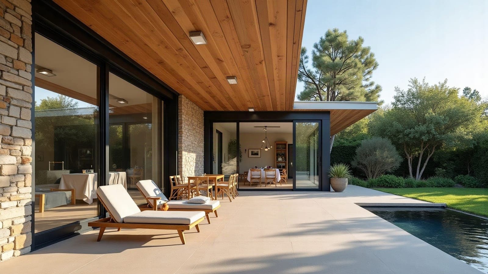 Fenêtre et porte-fenêtre en aluminium sur mesure, ouvertes sur la terrasse d'une villa contemporaine à Montpellier