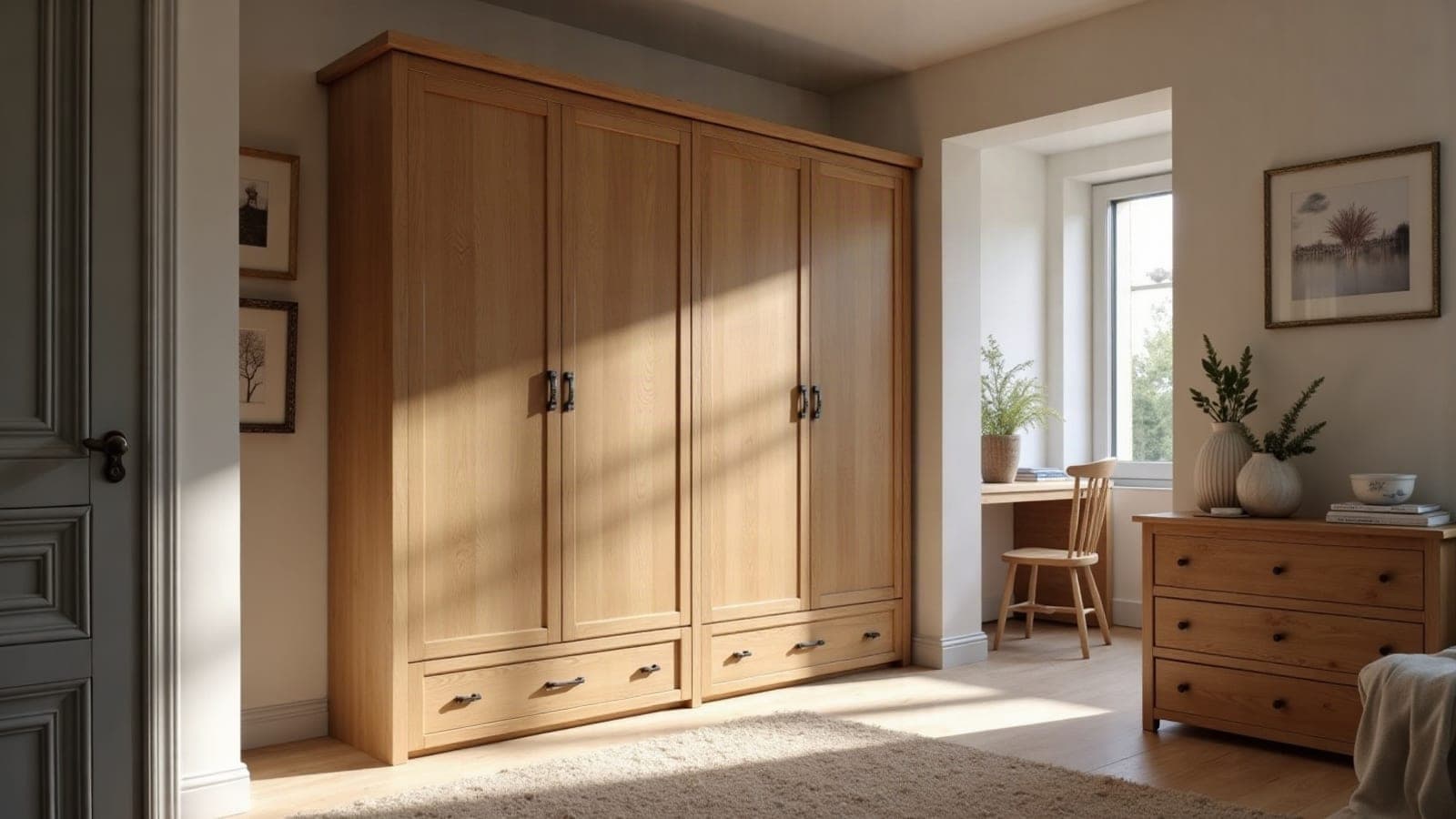Détail d'un dressing sur mesure en noyer huilé, tiroir entrouvert à fermeture amortie