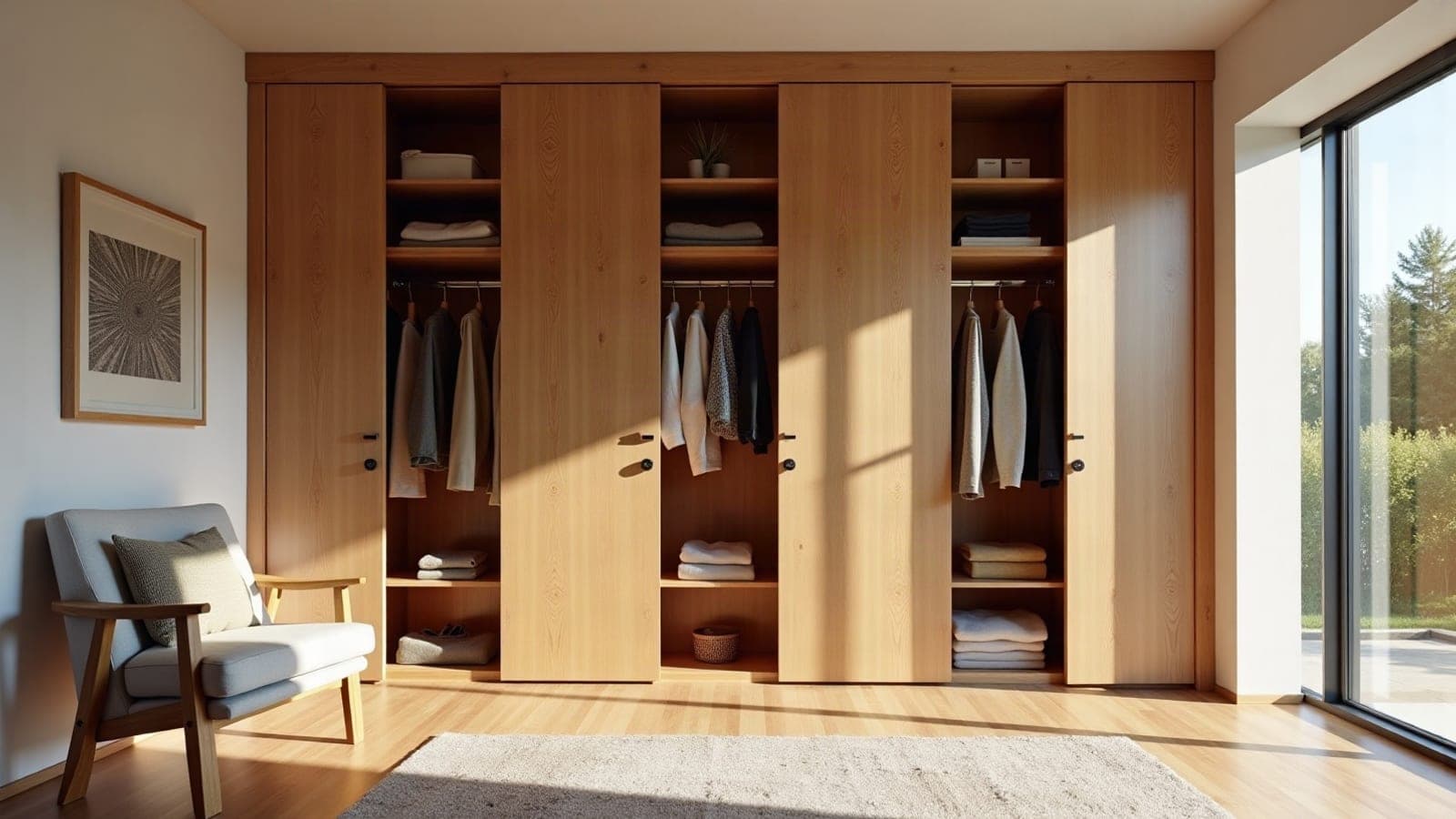 Dressing intérieur sur mesure en chêne clair et noyer huilé, portes coulissantes ouvertes