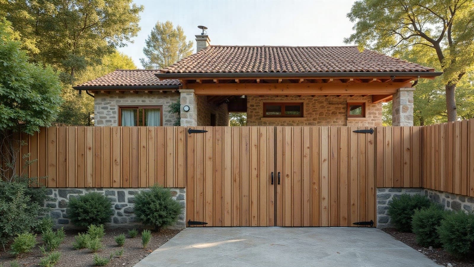 Clôture en bois neuve avec son portillon assorti, intégralement posée en limite de terrain