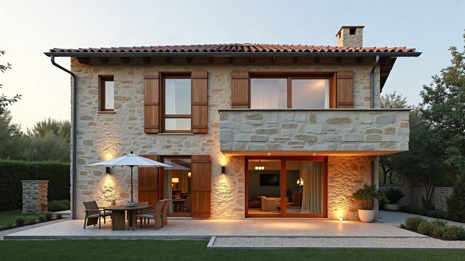 Façade d'un mas languedocien équipée de volets battants en bois clair et d'un brise-soleil en aluminium bronze