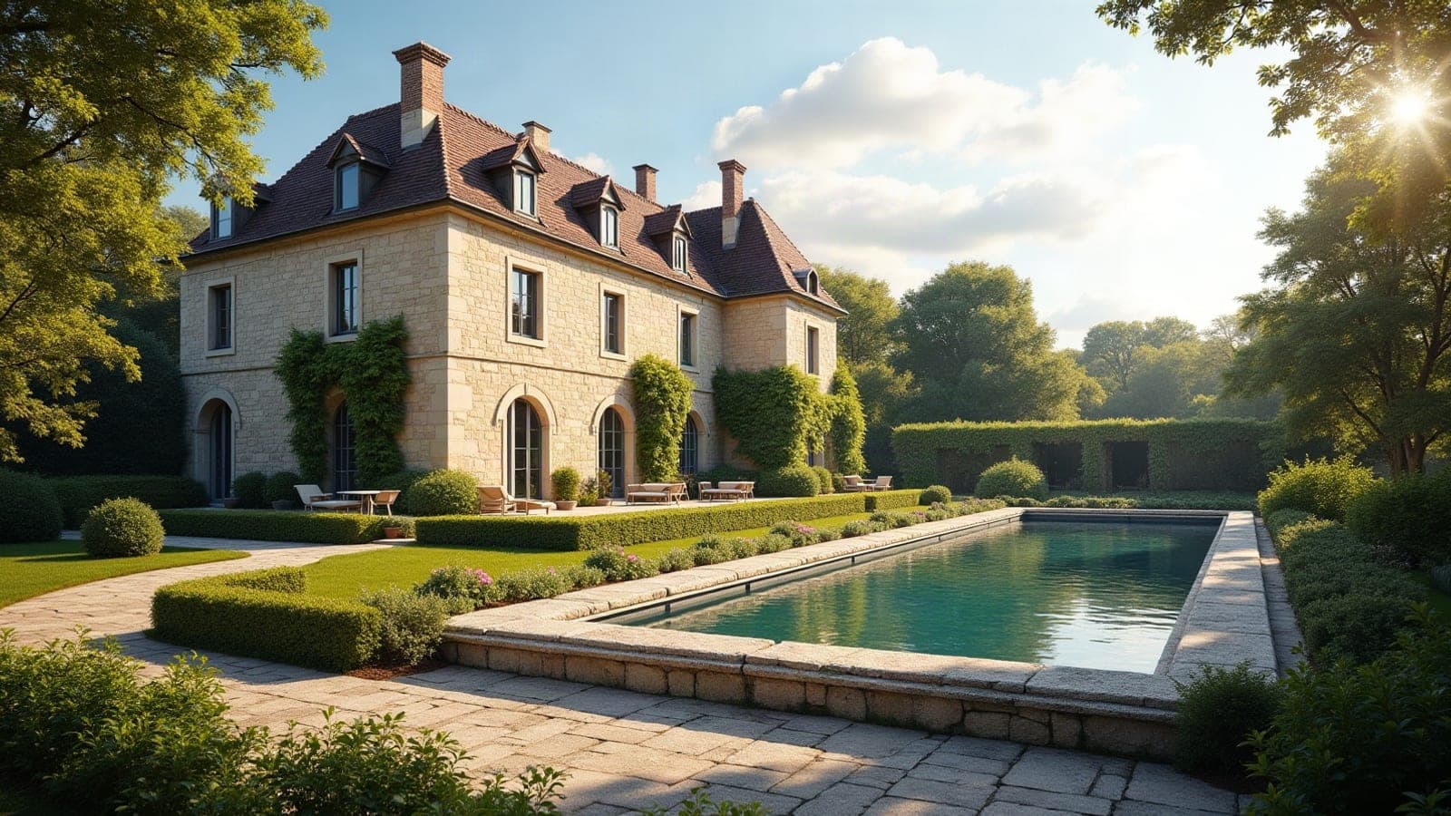 Château languedocien en pierre claire avec aqueduc, à Castries