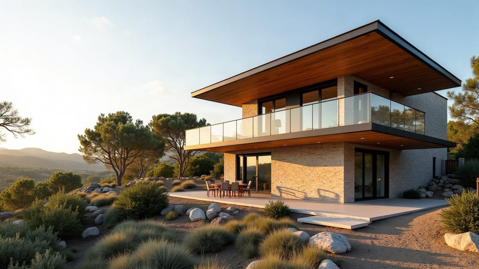 Garde-corps de terrasse en métal et bois sur une maison bâtie en hauteur à Vendargues