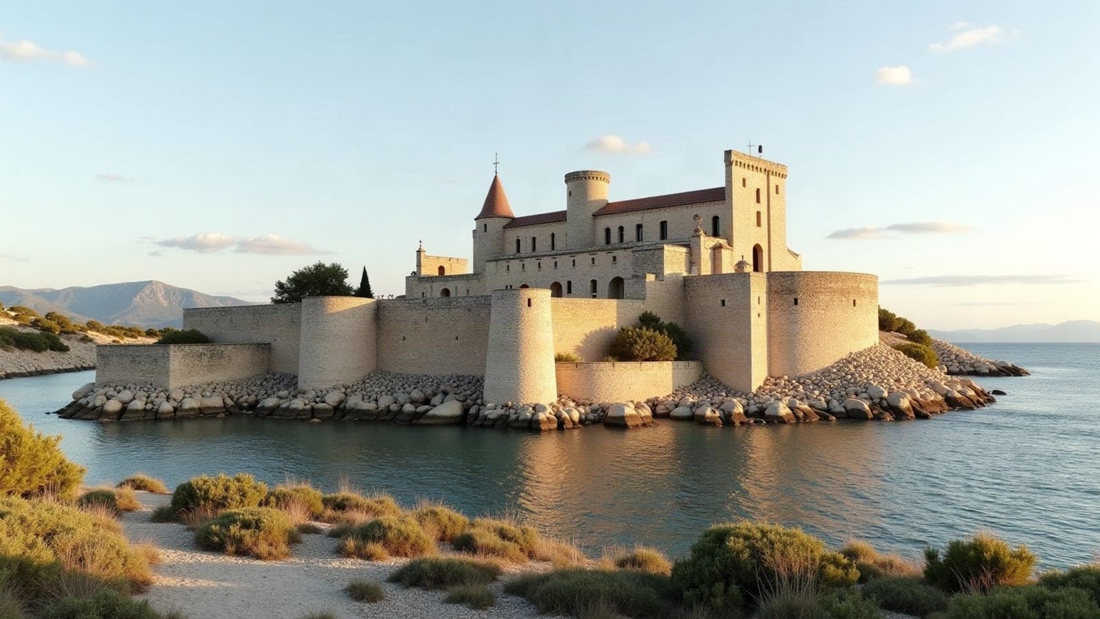 La cathédrale de Maguelone sur sa presqu'île entre étang et Méditerranée, à Villeneuve-lès-Maguelone
