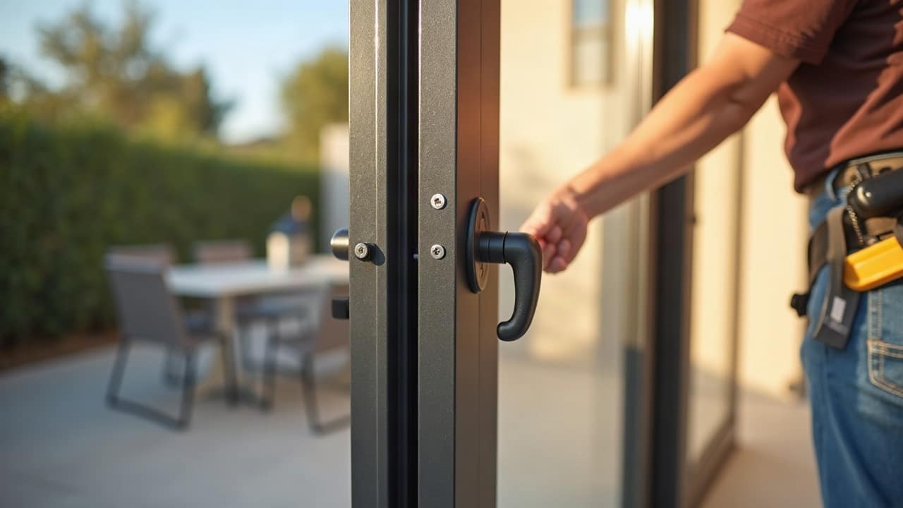 Rail et galets d'une baie vitrée coulissante aluminium, détail technique du mécanisme et de l'étanchéité