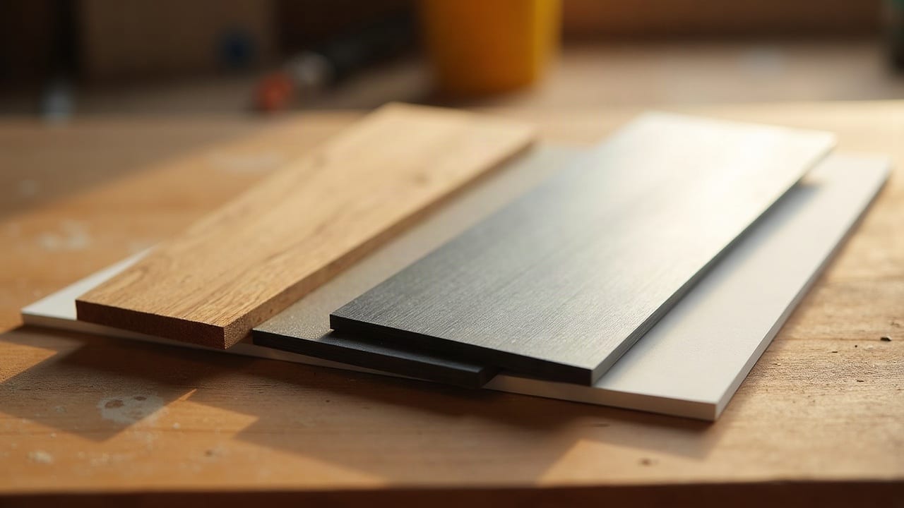 Atelier de menuiserie avec profilés de fenêtres bois, aluminium et PVC alignés côte à côte, finitions impeccables
