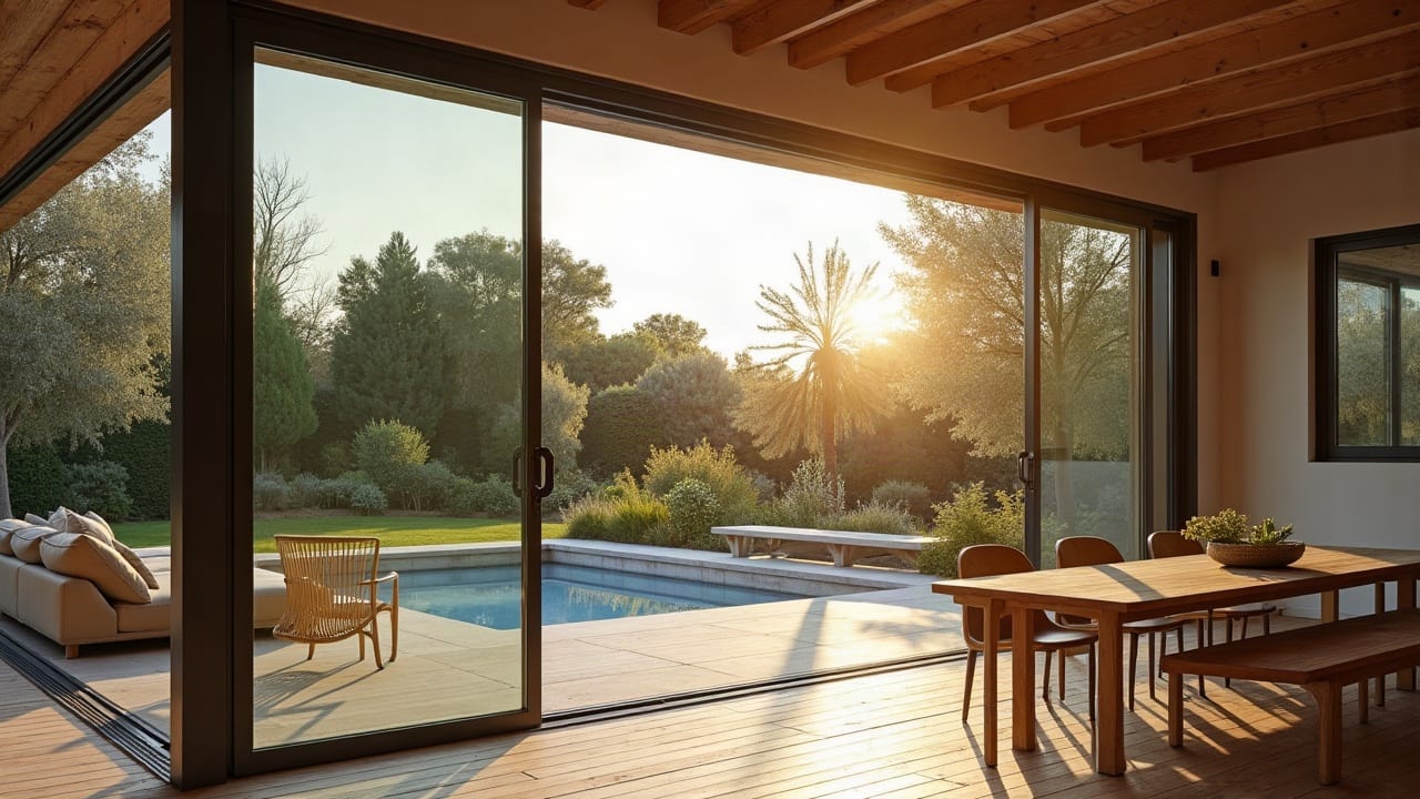 Grande baie vitrée aluminium avec vue sur un jardin méditerranéen, finition contemporaine et alignement parfait des profilés