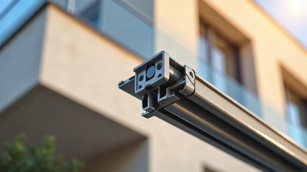 Détail de lames de brise-soleil orientable en aluminium, mécanisme d'inclinaison et fixation sur façade moderne