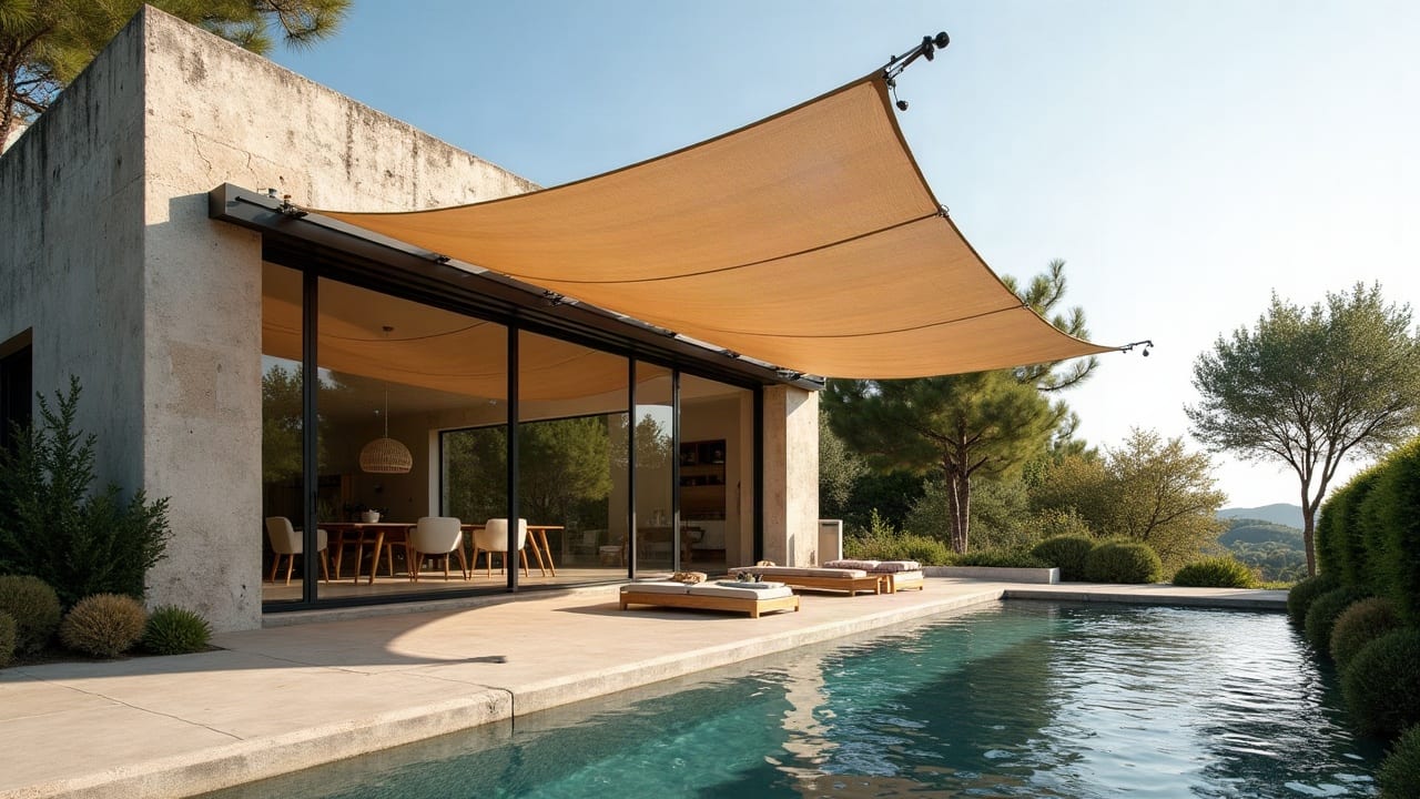 Vue rapprochée d'un brise-soleil orientable en aluminium sur une façade méditerranéenne moderne, lames parfaitement alignées