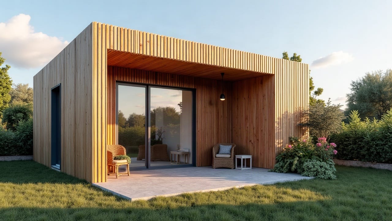 Intérieur lumineux avec baie vitrée équipée de volets roulants aluminium partiellement fermés, ambiance tamisée et fraîche