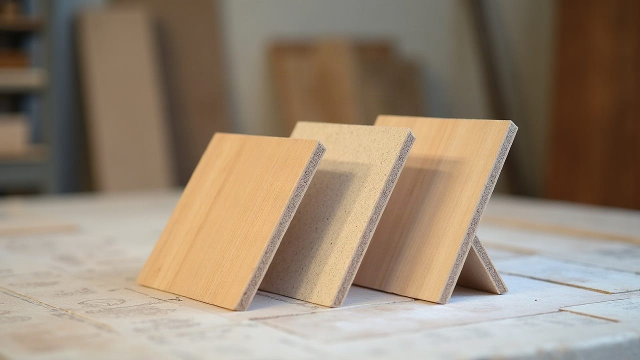 Panneaux de menuiserie mélaminé, MDF et contreplaqué présentés côte à côte en atelier, échantillons de finitions haut de gamme