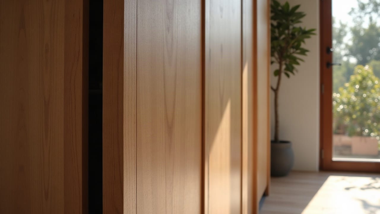 Système de porte coulissante sur un dressing sur mesure, rail discret et finition parfaitement alignée