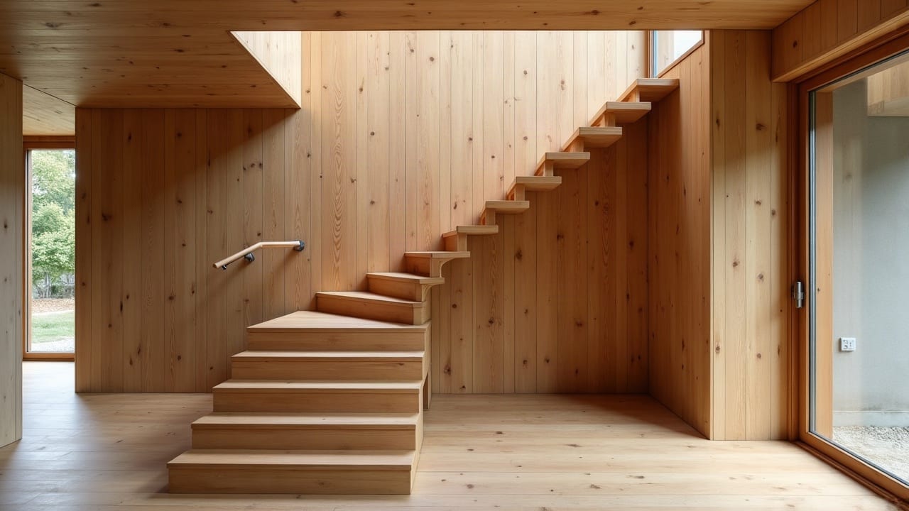 Escalier quart tournant en bois avec palier intermédiaire, marches et garde-corps parfaitement alignés, finition contemporaine