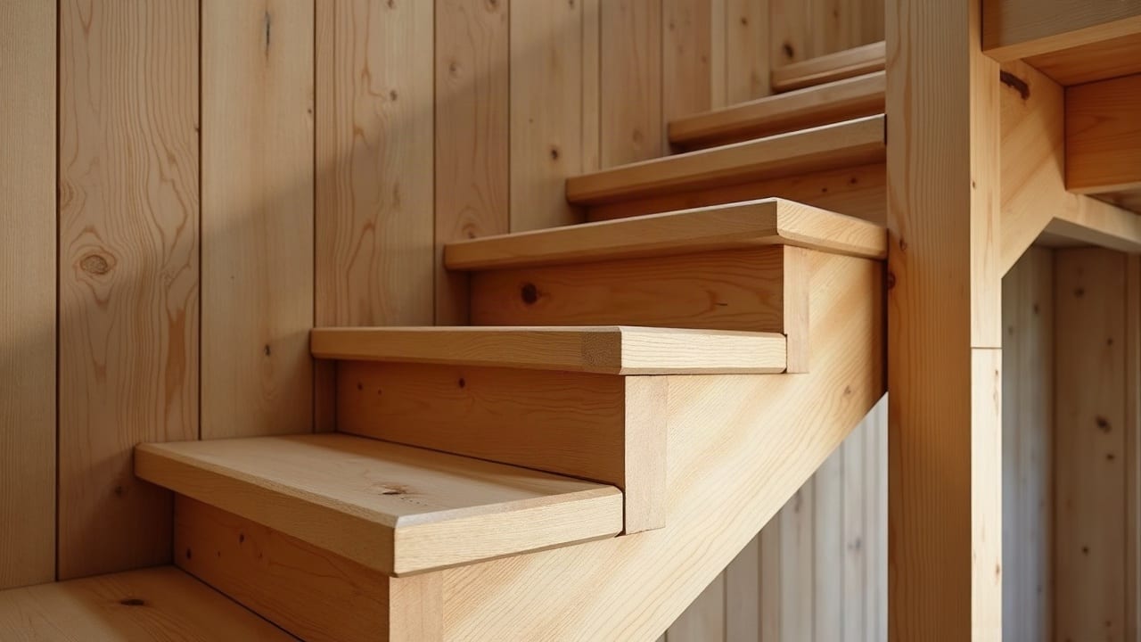 Détail d'un limon d'escalier en bois massif à l'anglaise, structure en dents de scie visible, finition soignée