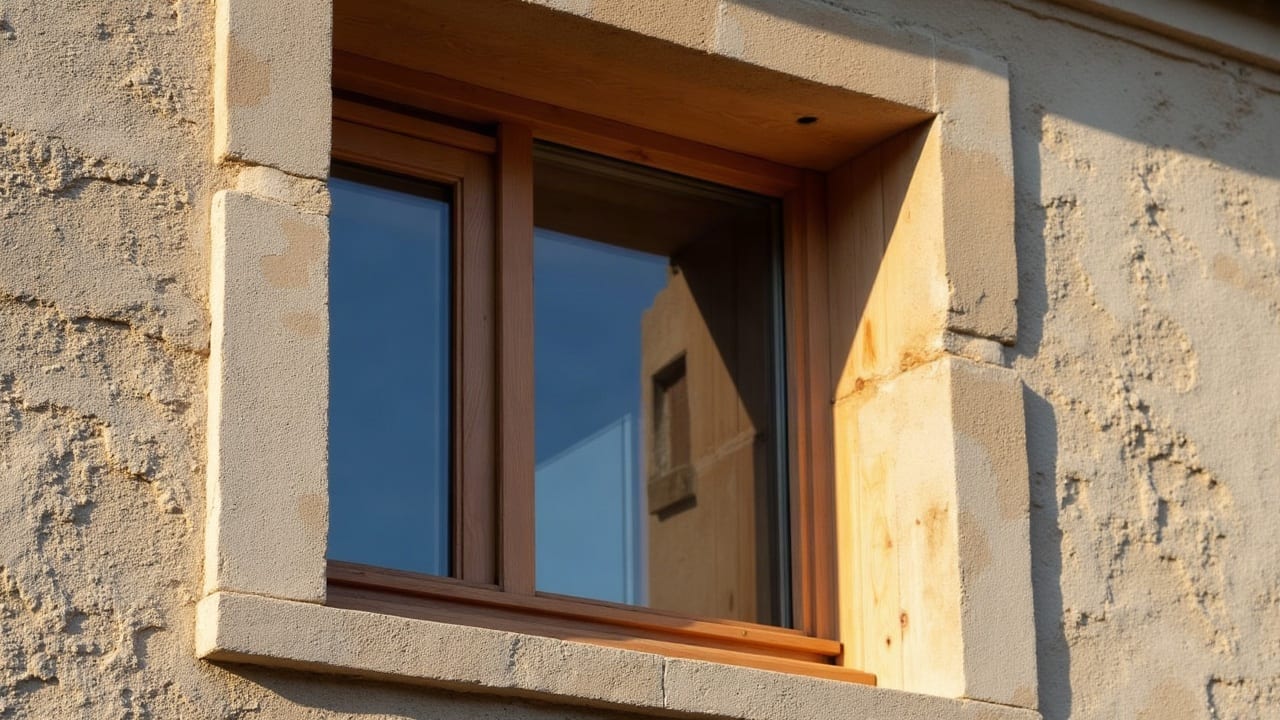 Détail architectural d'une fenêtre en bois massif à petits carreaux sur une façade en pierre calcaire ancienne, finition soignée