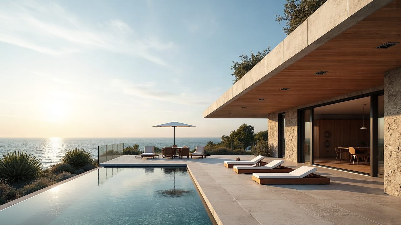 Menuiserie extérieure en aluminium anodisé sur une terrasse face à un étang littoral, finition brillante et parfaitement entretenue