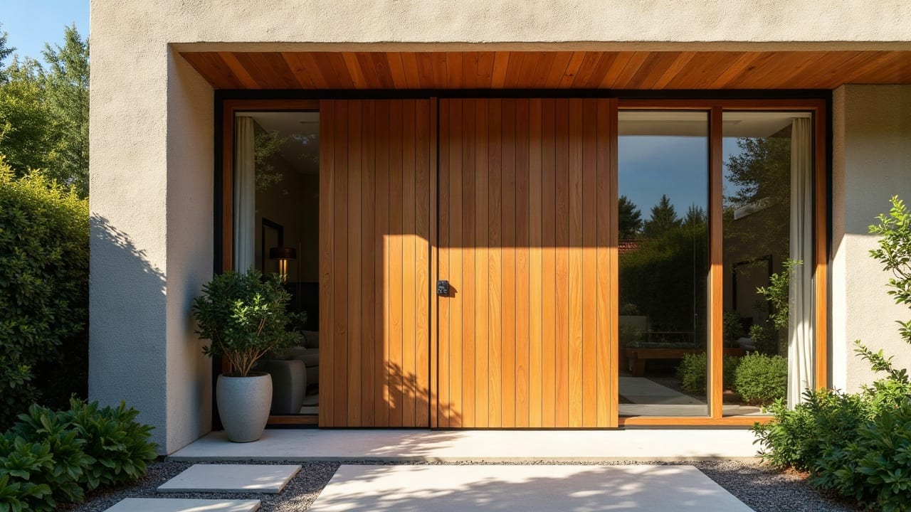 Portail en bois massif traité, essence durable, posé près d'un jardin exposé à l'air marin, finition parfaite et alignement soigné