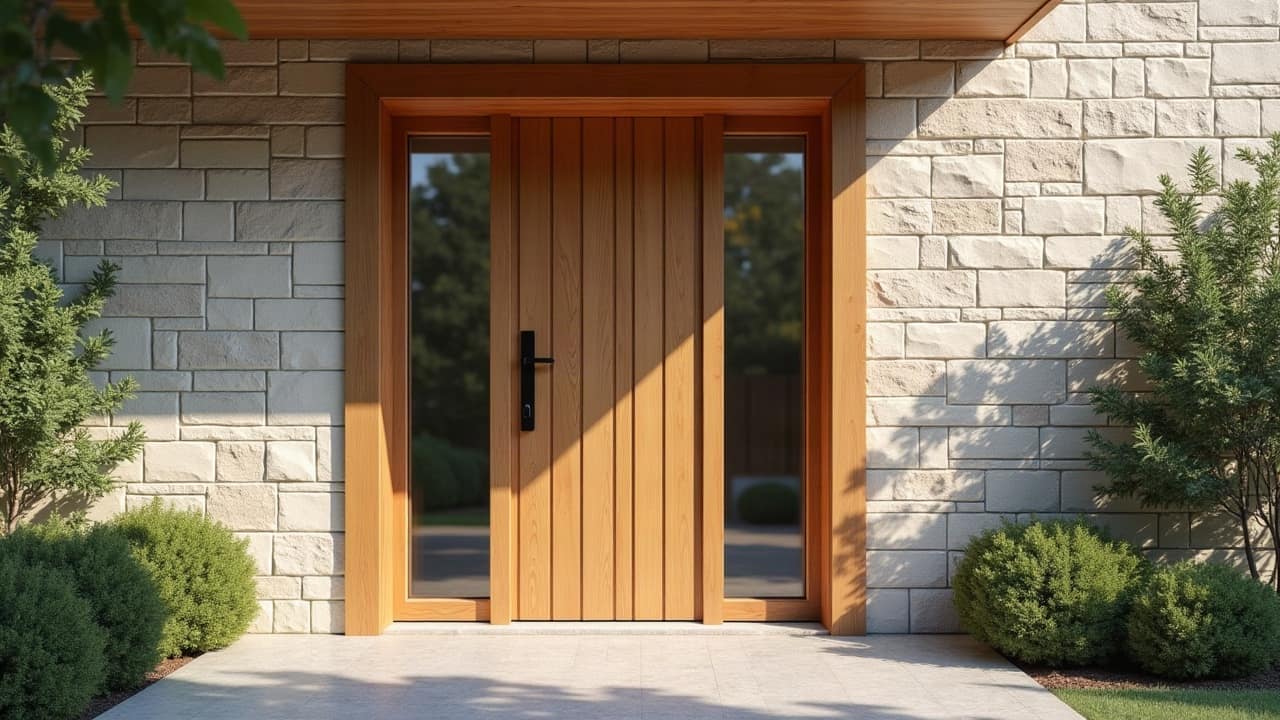 Porte d'entrée en bois massif avec quincaillerie soignée, gros plan sur la serrure et les charnières d'une menuiserie neuve