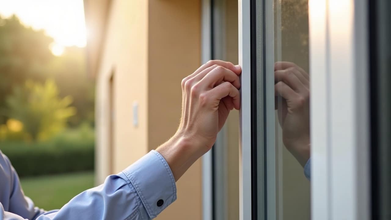 Réglage d'une paumelle de fenêtre aluminium, outil et mécanisme de charnière en gros plan, finition neuve
