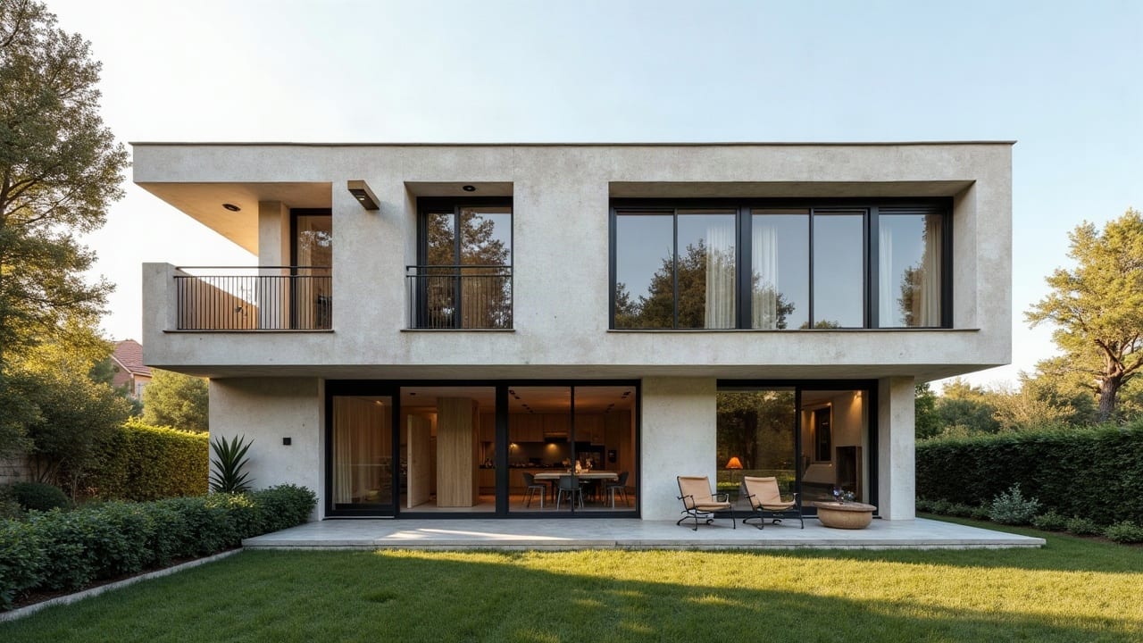 Façade contemporaine avec fenêtres aluminium à profilés fins, ciel dégagé et venteux typique du Languedoc