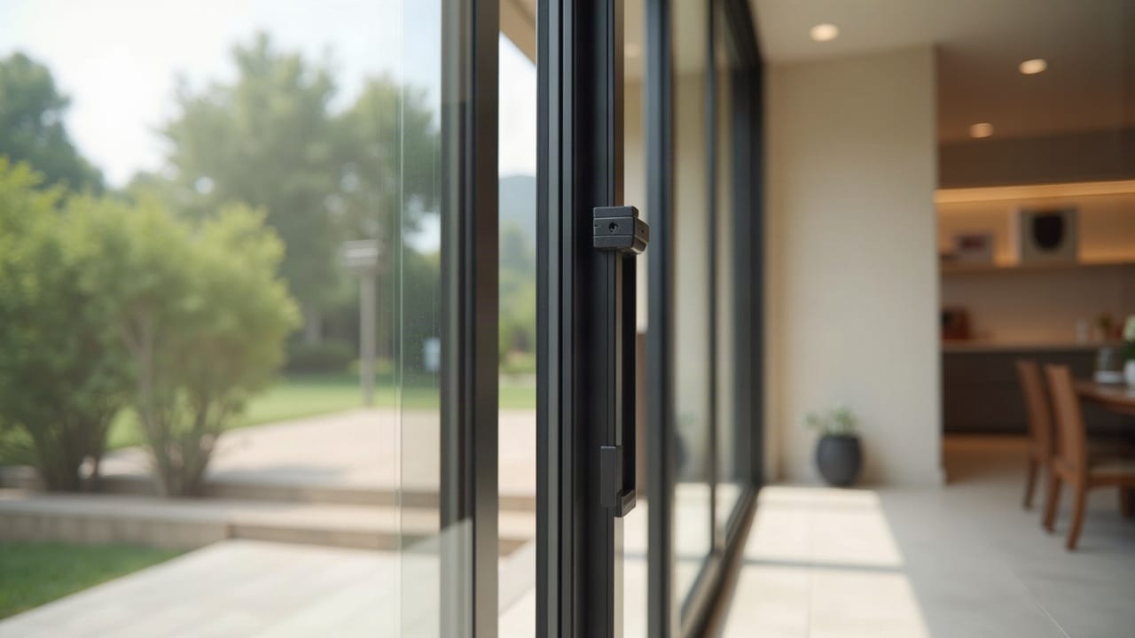 Détail d'une quincaillerie de fenêtre aluminium haut de gamme, mécanisme de fermeture renforcé, finition impeccable