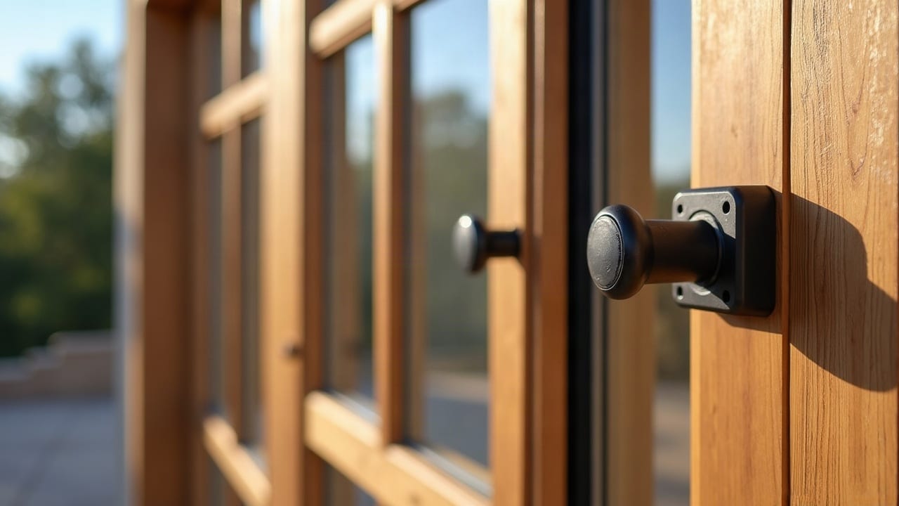 Détail d'une porte-fenêtre aluminium avec système de fermeture, finition contemporaine haut de gamme, lumière naturelle soignée