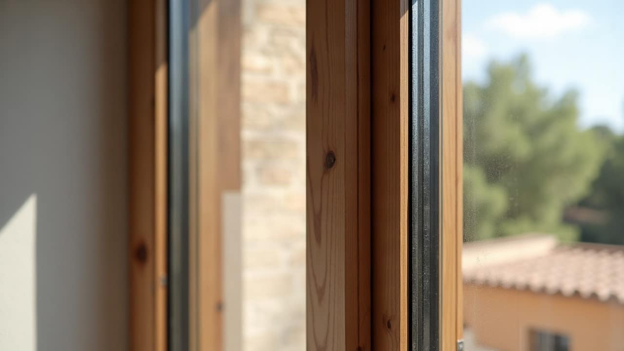 Détail d'un vitrage feuilleté sur une baie vitrée moderne, coupe technique du verre et du profil aluminium