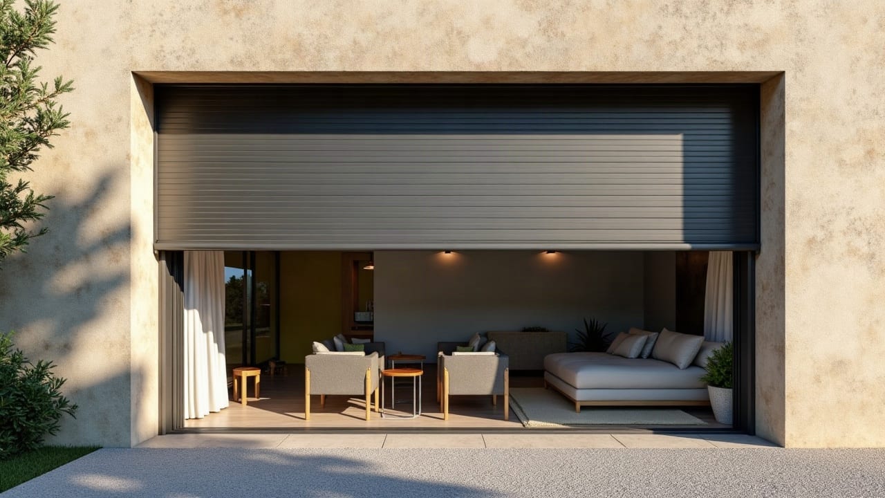 Coffre de volet roulant intégré discrètement au-dessus d'une baie vitrée aluminium, finition contemporaine sans aspérité visible